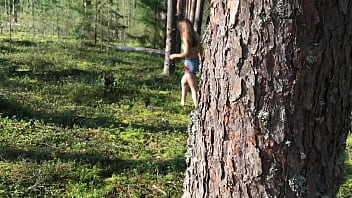 Young girl in short shorts walks in the forest and gets horny she shows her lustful pussy sucks dick and fucks doggystyle forest fun of amateur couple pov sex