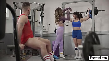 Busty Trans Ties Up Her Slut Friend For Sucking Gym Instructors Cock While Friend Is Watching thumbnail