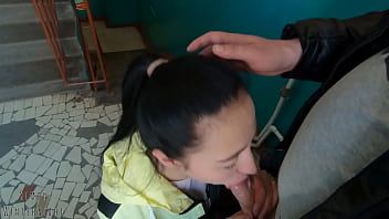 Risky blowjob and swallowing a mouthful of cum on a public staircase