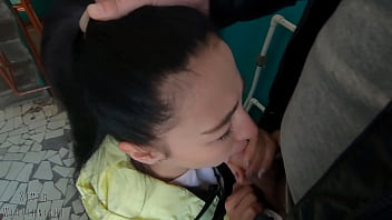 Risky blowjob and swallowing a mouthful of cum on a public staircase