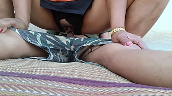 Cuckold jerks off while his friend fucks his wife's pussy