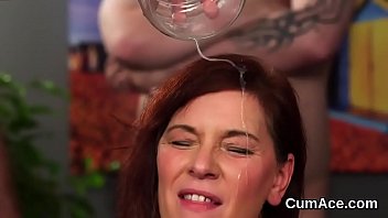 Slutty bombshell gets cum shot on her face swallowing all the ejaculate