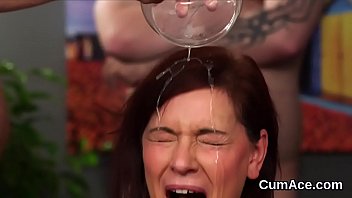 Slutty bombshell gets cum shot on her face swallowing all the ejaculate
