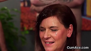 Slutty bombshell gets cum shot on her face swallowing all the ejaculate
