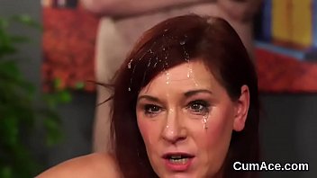 Slutty bombshell gets cum shot on her face swallowing all the ejaculate