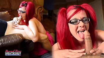 Nerdy redhead lily b enjoys licking feet and a cock to swallow tasty cum