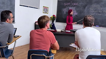 This milf teacher in hijab knows how to handle 3 dicks at once