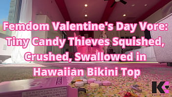 Femdom valentine's day tiny candy thieves squished crushed swallowed in hawaiian bikini top