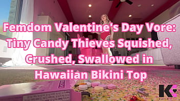 Femdom valentine's day tiny candy thieves squished crushed swallowed in hawaiian bikini top