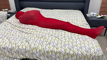 Nylon encasement mummification locked in pantyhose cocoon can't escape or break free from being put into stretchy hose