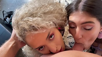 Wild threesome pov party tall brunette and petite blonde with natural tits do sloppy double blowjob deepthroat and sex toys fun