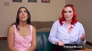 Head teacher dives deep in gorgeous milf and teen duo on his desk