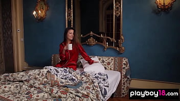 Skinny all natural brunette beauty posing nude in her bed