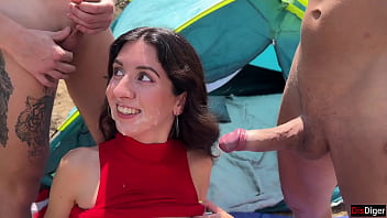 Gangbang on the lake during bbq frying meat and a beautiful chick