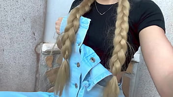 Cute blonde girl rubs her pink little clit and squirts in her stepdad's garden