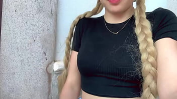 Cute blonde girl rubs her pink little clit and squirts in her stepdad's garden