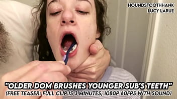 Older dom brushes young subs teeth