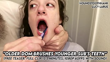 Older dom brushes young subs teeth