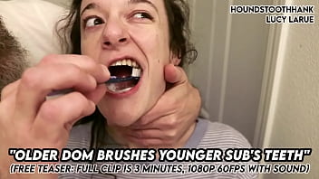 Older dom brushes young subs teeth