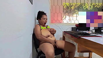 Busty mature woman masturbates in the office during break she watches porn on the work computer and imagines being fucked in a threesome by two big cocks