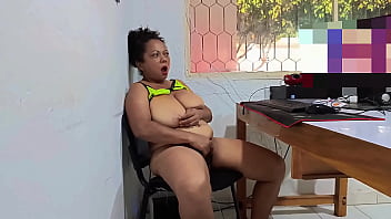 Busty mature woman masturbates in the office during break she watches porn on the work computer and imagines being fucked in a threesome by two big cocks
