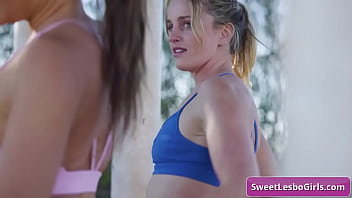 Sexy hot lesbo babes kissing and making out after gym jogging session