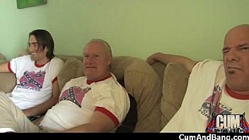 Ebony babe sucks group of white guys 19