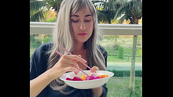 Sexy beauty girl model chopsticks and exotic fruits