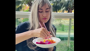 Sexy beauty girl model chopsticks and exotic fruits