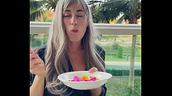 Sexy beauty girl model chopsticks and exotic fruits