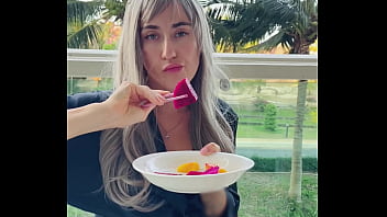 Sexy beauty girl model chopsticks and exotic fruits