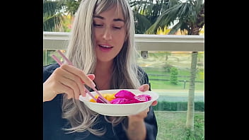 Sexy beauty girl model chopsticks and exotic fruits