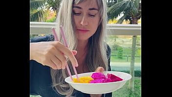 Sexy beauty girl model chopsticks and exotic fruits