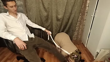 My submissive pregnant wife on a leash sucks my fingers