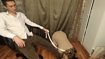 My submissive pregnant wife on a leash sucks my fingers