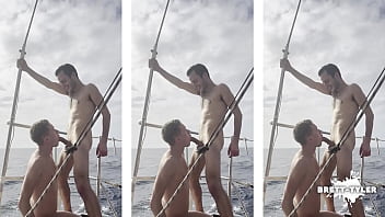 Twink gives jock a blowjob on a gay boat party
