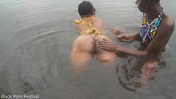 When the 2 lesbian of the tribe bath together in the village river