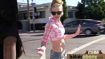 Ebony babe sucks group of white guys 23