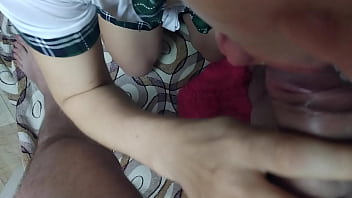 In a costume they suck a dick like at graduation a mouthful of cum and drips on their breasts in close up