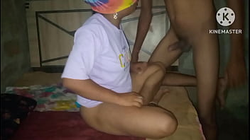 My stepsister's husband returns from a trip and i give him a good welcome