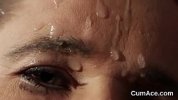 Unusual looker gets jizz shot on her face sucking all the jizm