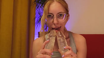 Licking two dildos Licking two dildos