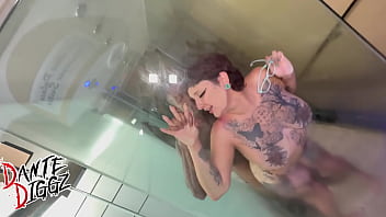 Latina anal slut gia lov3ly gets her asshole banged on a stripper pole & in a glass shower