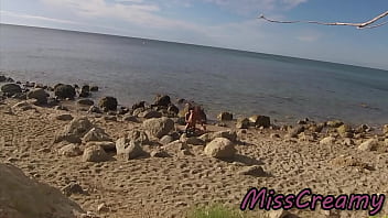 Flashing my cock in front of people in public nudist beach while my wife fucking me with cumshot very risky with strangers near misscreamy