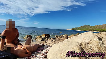 Flashing my cock in front of people in public nudist beach while my wife fucking me with cumshot very risky with strangers near misscreamy