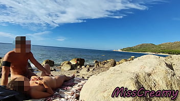 Flashing my cock in front of people in public nudist beach while my wife fucking me with cumshot very risky with strangers near misscreamy