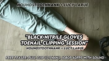 Black nitrile gloves toenail clipping session Black nitrile gloves toenail clipping session