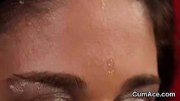 Foxy stunner gets jizz load on her face swallowing all the spunk