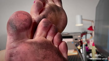 Today i got my soles very dirty so enjoy them closeup and imagine how you lick them clean Today i got my soles very dirty so enjoy them closeup and imagine how you lick them clean