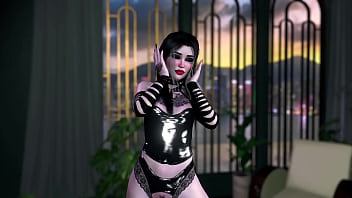 Slim petite student in slutty black costume lures you with a juicy body